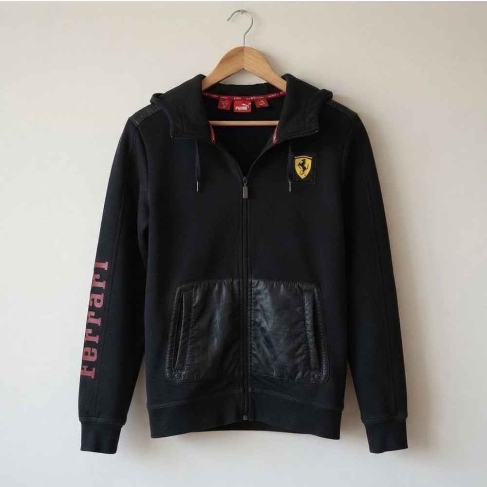 Puma X Ferrari Black Hooded Jacket Sz S Racing Team Leather Accents Relaxed